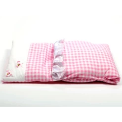 Houten Poppenwagen Pink -Speelgoed Verkoop dekje roze geruit met 2 bloempjes 2